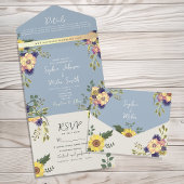 Dusty Blue Waterverf Floral Wedding All In One Uitnodiging