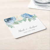 Dusty Blue Waterverf Floral Wedding Custom Kartonnen Onderzetters (Schuin)