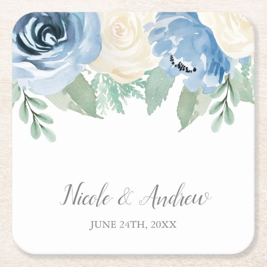 Dusty Blue Waterverf Floral Wedding Custom Kartonnen Onderzetters (Voorkant)