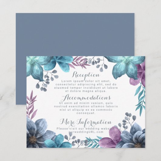 Dusty Blue Waterverf Floral Wedding Enclosure Informatiekaartje (Voorkant / Achterkant)