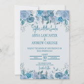 Dusty Blue Waterverf Floral Wedding Invitation Kaart (Voorkant)
