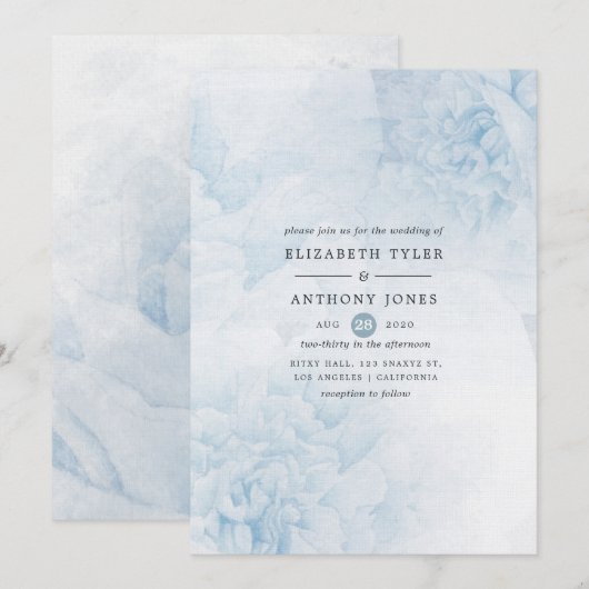 Dusty Blue Waterverf floral Wedding Invitation Kaart (Voorkant / Achterkant)