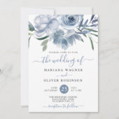 Dusty Blue Waterverf Floral Wedding Invitation Kaart (Voorkant)