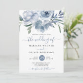Dusty Blue Waterverf Floral Wedding Invitation Kaart (Staand voorkant)