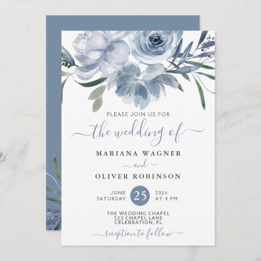 Dusty Blue Waterverf Floral Wedding Invitation Kaart (Voorkant / Achterkant)