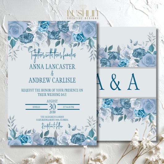 Dusty Blue Waterverf Floral Wedding Invitation Kaart
