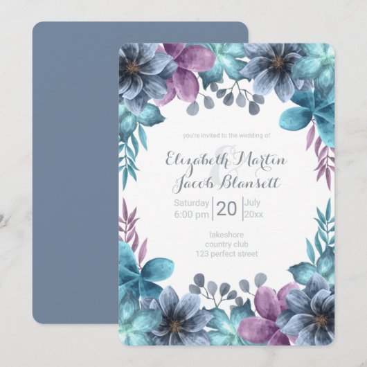 Dusty Blue Waterverf Floral Wedding Kaart (Voorkant / Achterkant)