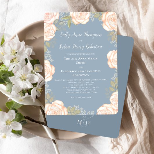 Dusty Blue Waterverf Floral Wedding Kaart