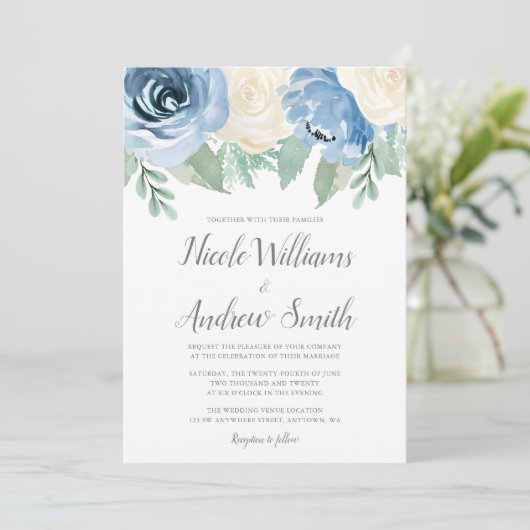 Dusty Blue Waterverf Floral Wedding Kaart (Staand voorkant)