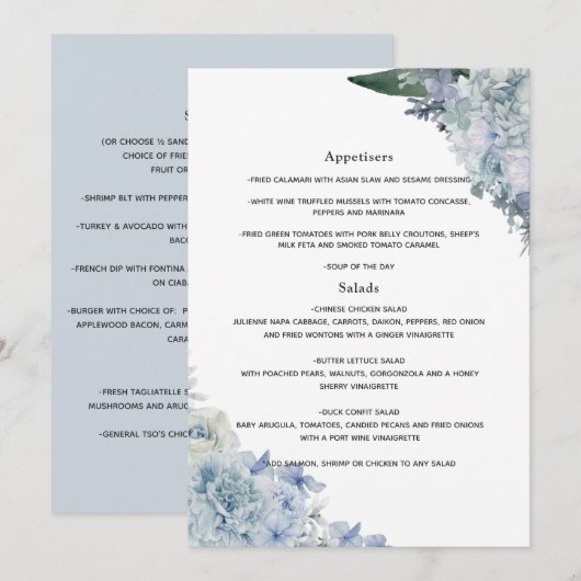 Dusty Blue Waterverf floral Wedding Menu (Voorkant / Achterkant)