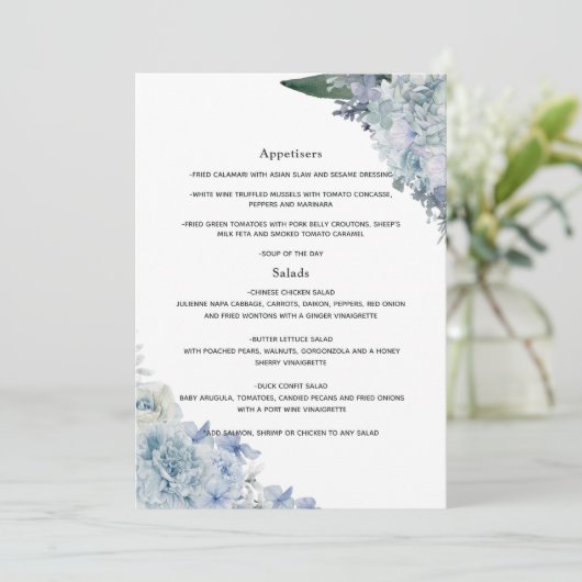 Dusty Blue Waterverf floral Wedding Menu (Staand voorkant)