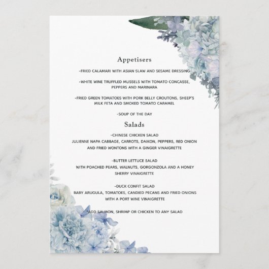 Dusty Blue Waterverf floral Wedding Menu (Voorkant)