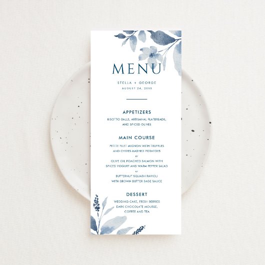 Dusty Blue Waterverf Floral Wedding Menu