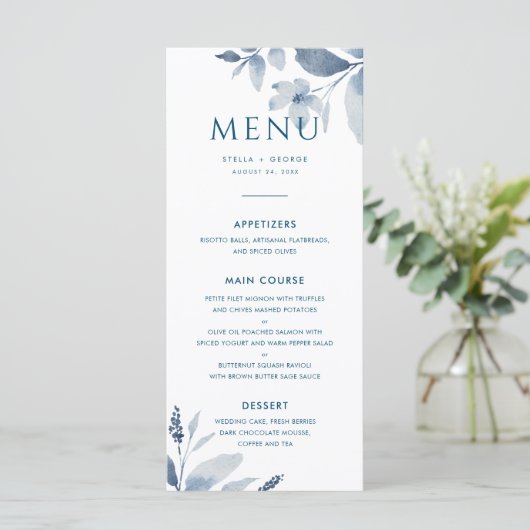 Dusty Blue Waterverf Floral Wedding Menu (Staand voorkant)