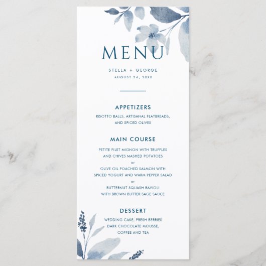 Dusty Blue Waterverf Floral Wedding Menu (Voorkant)