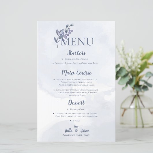 Dusty Blue Waterverf Floral Wedding Party Menu (Staand voorkant)