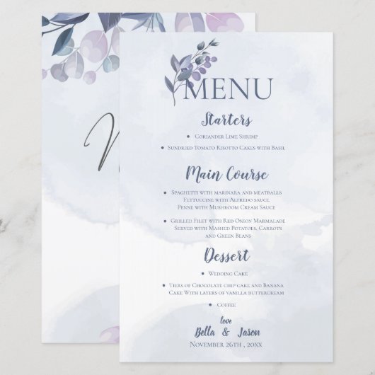 Dusty Blue Waterverf Floral Wedding Party Menu (Voorkant / Achterkant)