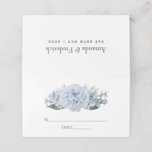 Dusty Blue Waterverf floral Wedding Plaatskaartje (Buitenkant ongevouwen)
