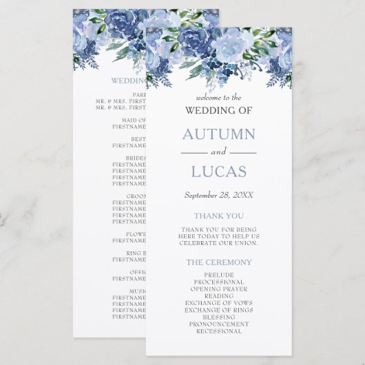 Dusty Blue Waterverf Floral Wedding Programmakaart (Voorkant / Achterkant)