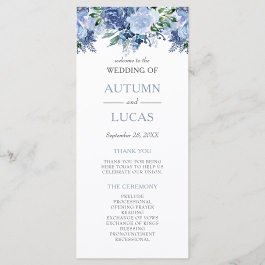 Dusty Blue Waterverf Floral Wedding Programmakaart (Voorkant)