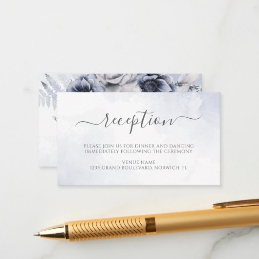 Dusty Blue Waterverf Floral Wedding Reception Informatiekaartje (Voorkant / Achterkant in situ)
