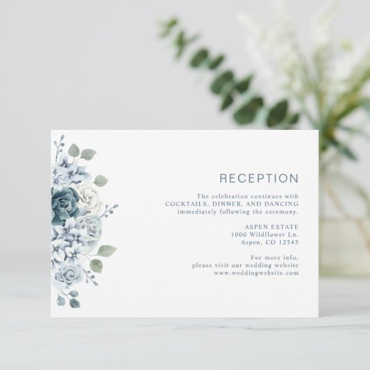Dusty Blue Waterverf Floral Wedding Reception Informatiekaartje