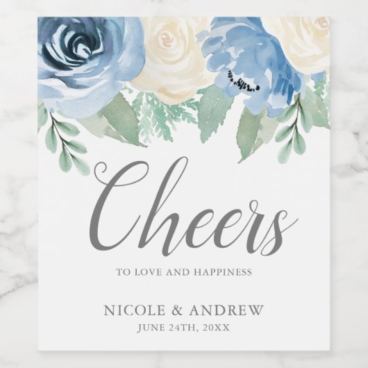 Dusty Blue Waterverf Floral Wedding Wijn Etiket (Enkel label)