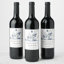 Dusty Blue Waterverf Floral Wedding Wine Labels