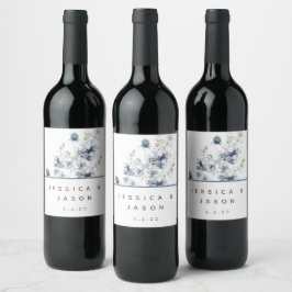 Dusty Blue Waterverf Floral Wedding Wine Labels Wijn Etiket