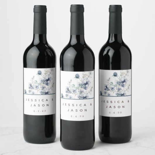 Dusty Blue Waterverf Floral Wedding Wine Labels Wijn Etiket (Flessen)