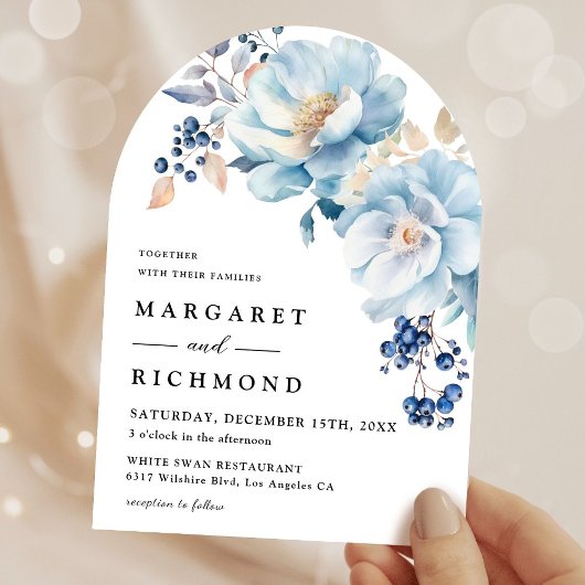 Dusty Blue Waterverf Floral Winter Arch Wedding Kaart
