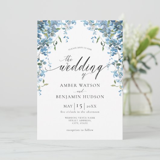 Dusty Blue Waterverf Floral Wisteria Wedding Inv Kaart (Staand voorkant)