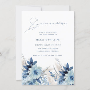 Dusty Blue Waterverf Florals Quinceañera Party Kaart