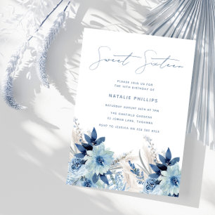 Dusty Blue Waterverf Florals Sweet 16 Birthday Kaart