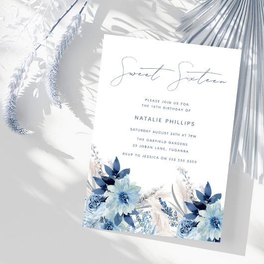 Dusty Blue Waterverf Florals Sweet 16 Birthday Kaart
