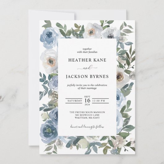 Dusty Blue Waterverf Florals Wedding Kaart (Voorkant)