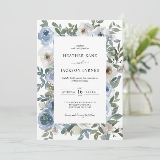 Dusty Blue Waterverf Florals Wedding Kaart (Staand voorkant)