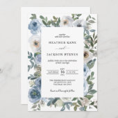 Dusty Blue Waterverf Florals Wedding Kaart (Voorkant / Achterkant)