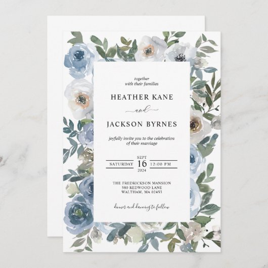 Dusty Blue Waterverf Florals Wedding Kaart (Voorkant / Achterkant)