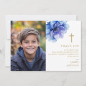 Dusty Blue Waterverf Flower Fotobevestiging Bedankkaart (Voorkant)