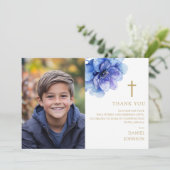 Dusty Blue Waterverf Flower Fotobevestiging Bedankkaart (Staand voorkant)