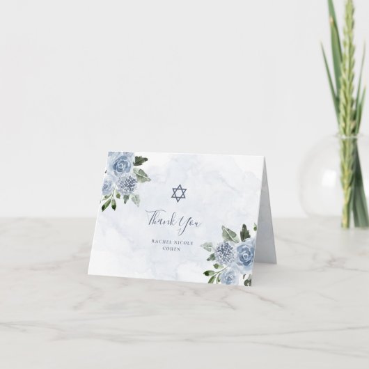  Dusty Blue Waterverf Flowers | Bat Mitzvah Bedankkaart (Voorkant)