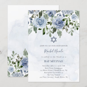  Dusty Blue Waterverf Flowers   Bat Mitzvah Kaart