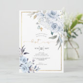 Dusty Blue Waterverf Flowers Doop Kaart (Staand voorkant)