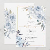 Dusty Blue Waterverf Flowers Doop Kaart (Voorkant / Achterkant)