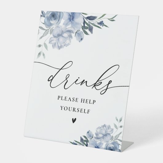 Dusty Blue waterverf Flowers drinken Sign Reclamebord Met Voetstuk (Voorkant)