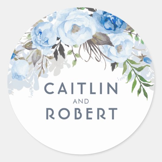 Dusty Blue Waterverf Flowers Elegant Ronde Sticker (Voorkant)