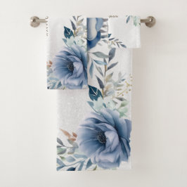 Dusty Blue Waterverf Flowers Silver Elegant Bad Handdoek