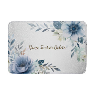 Dusty Blue Waterverf Flowers Silver Elegant Badmat