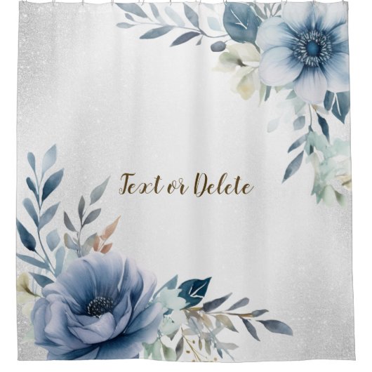 Dusty Blue Waterverf Flowers Silver Elegant Douchegordijn (Voorkant)